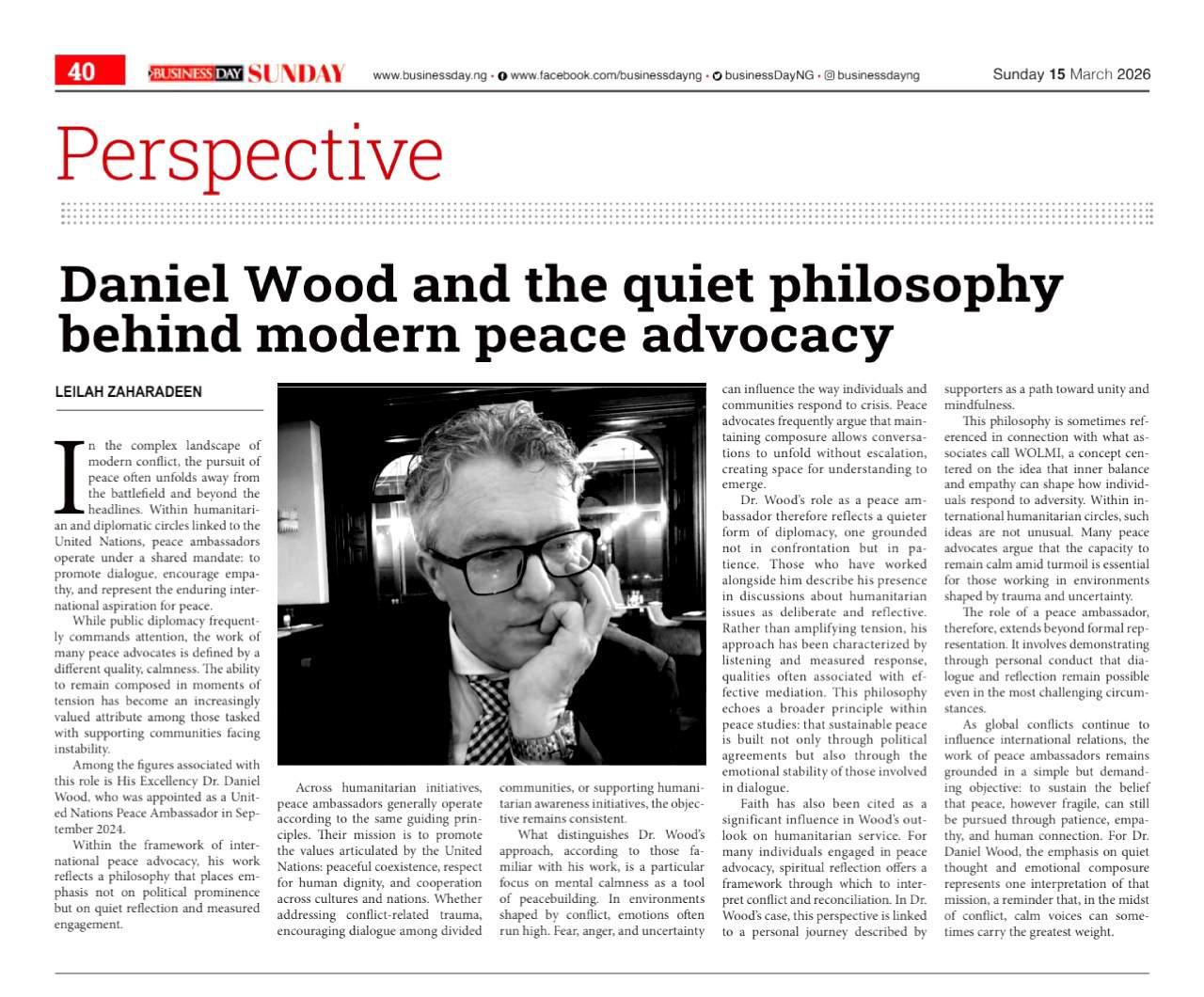 Daniel thOUGHT lEADER Daniel Wood peace advocacy BusinessDay Sunday